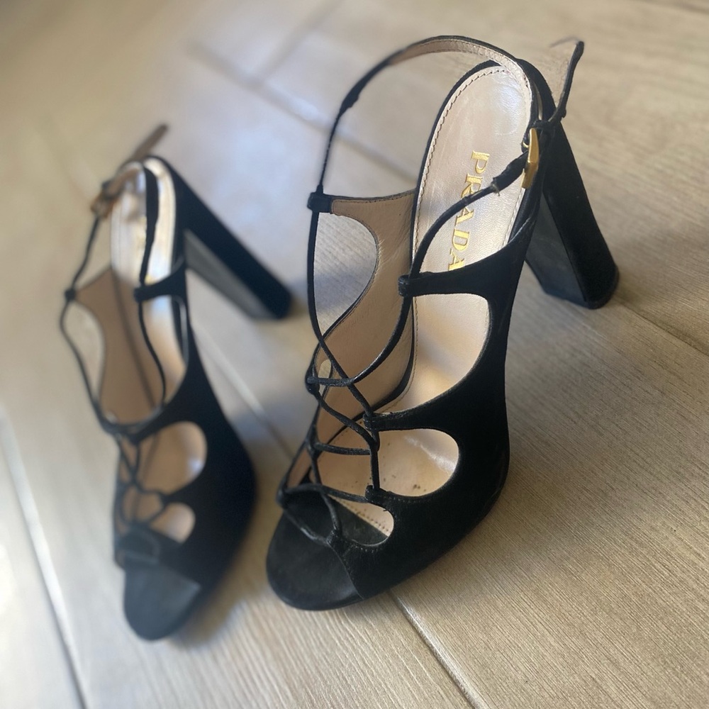 Prada Black Lace-up Heels